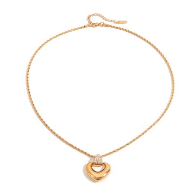 18K Gold Stainless Steel Heart Pendant Necklace - Crystal Hollow Love Charm with Twisted Chain for Women
