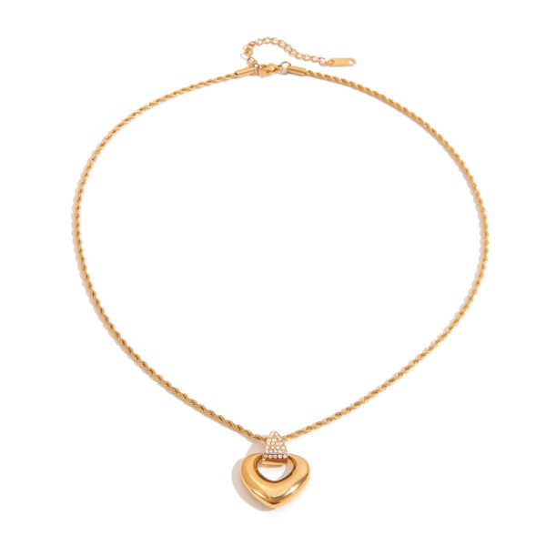 18K Gold Stainless Steel Heart Pendant Necklace - Crystal Hollow Love Charm with Twisted Chain for Women