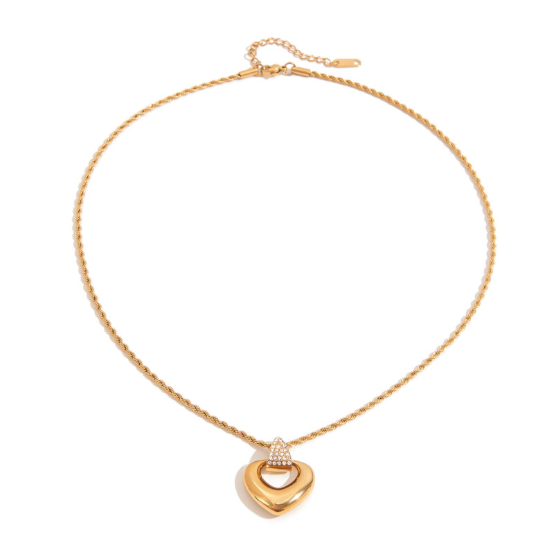 18K Gold Stainless Steel Heart Pendant Necklace - Crystal Hollow Love Charm with Twisted Chain for Women