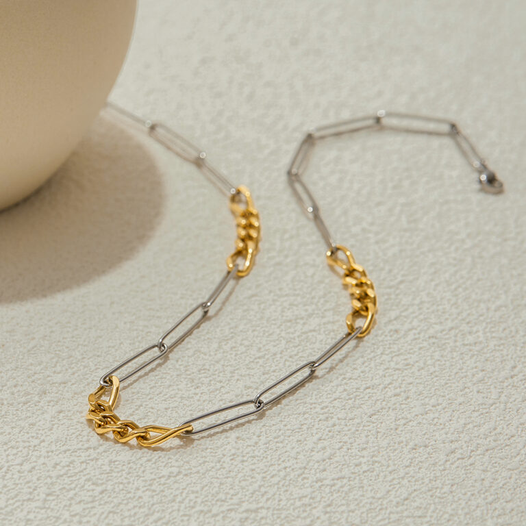 Modern Minimalist 18K Gold Stainless Steel Paperclip & Figaro Chain Necklace - Two-Tone Gold & Silver Layered Jewelry for Women - Image 5