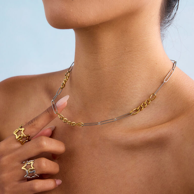 Modern Minimalist 18K Gold Stainless Steel Paperclip & Figaro Chain Necklace - Two-Tone Gold & Silver Layered Jewelry for Women - Image 3