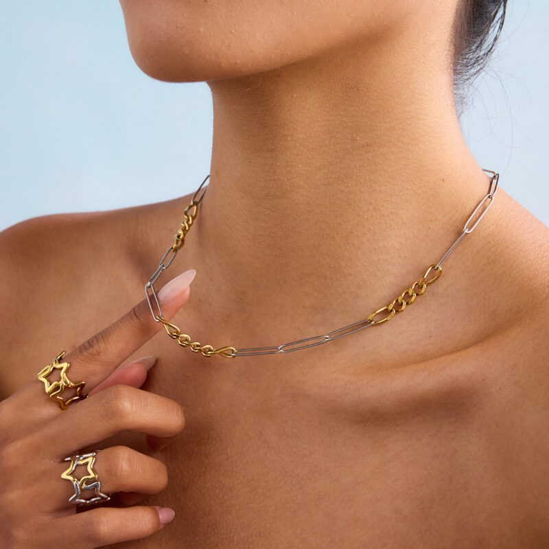 Modern Minimalist 18K Gold Stainless Steel Paperclip & Figaro Chain Necklace - Two-Tone Gold & Silver Layered Jewelry for Women - Image 3