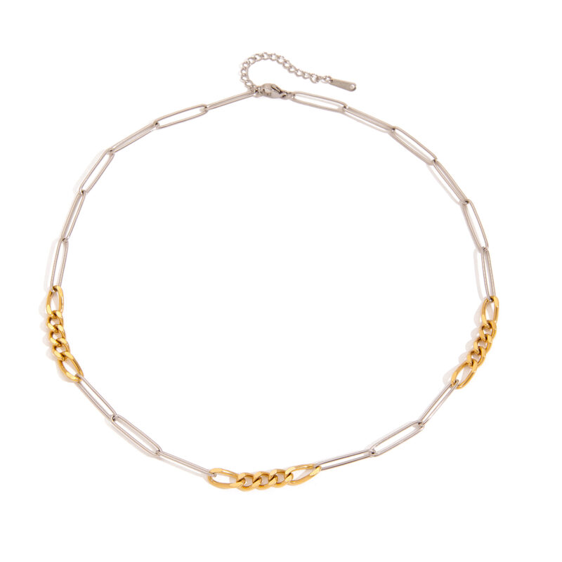 Modern Minimalist 18K Gold Stainless Steel Paperclip & Figaro Chain Necklace - Two-Tone Gold & Silver Layered Jewelry for Women