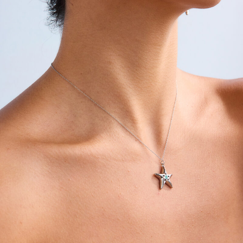 Stainless Steel Blue Zirconia Hollow Star Pendant Necklace - Image 2