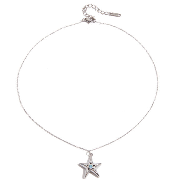Stainless Steel Blue Zirconia Hollow Star Pendant Necklace