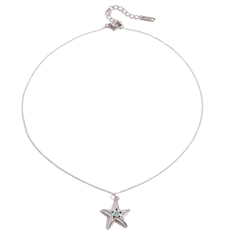 Stainless Steel Blue Zirconia Hollow Star Pendant Necklace