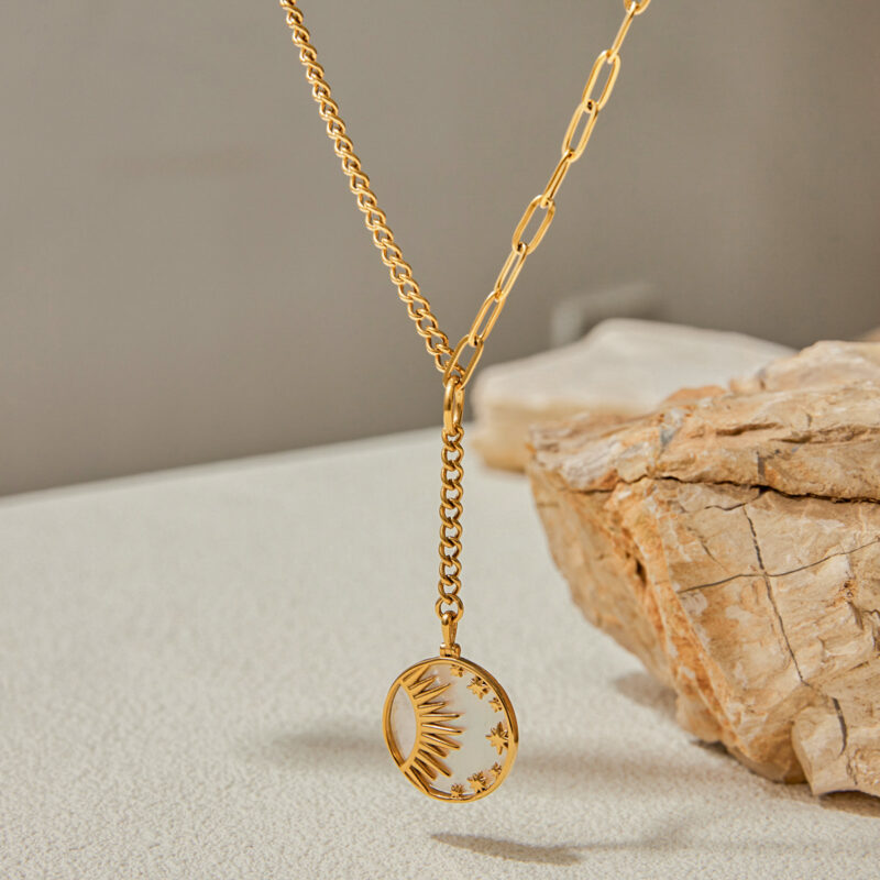 Classic 18K Gold Stainless Steel Shell Pendant Necklace - Round Sun Star Mother of Pearl Chain 51+5cm for Women - Image 3
