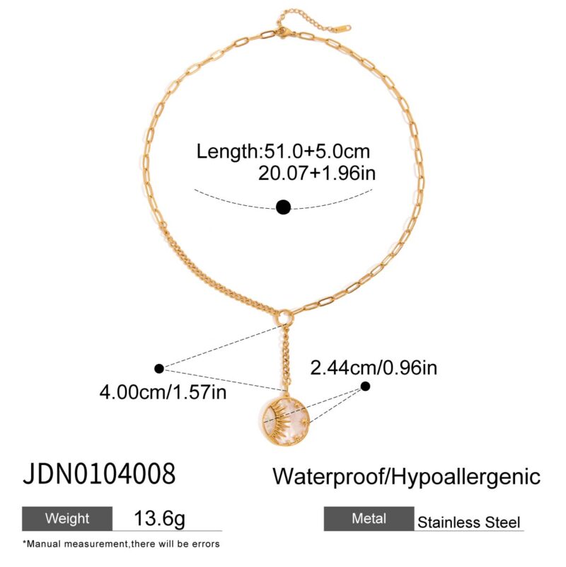 Classic 18K Gold Stainless Steel Shell Pendant Necklace - Round Sun Star Mother of Pearl Chain 51+5cm for Women - Image 6