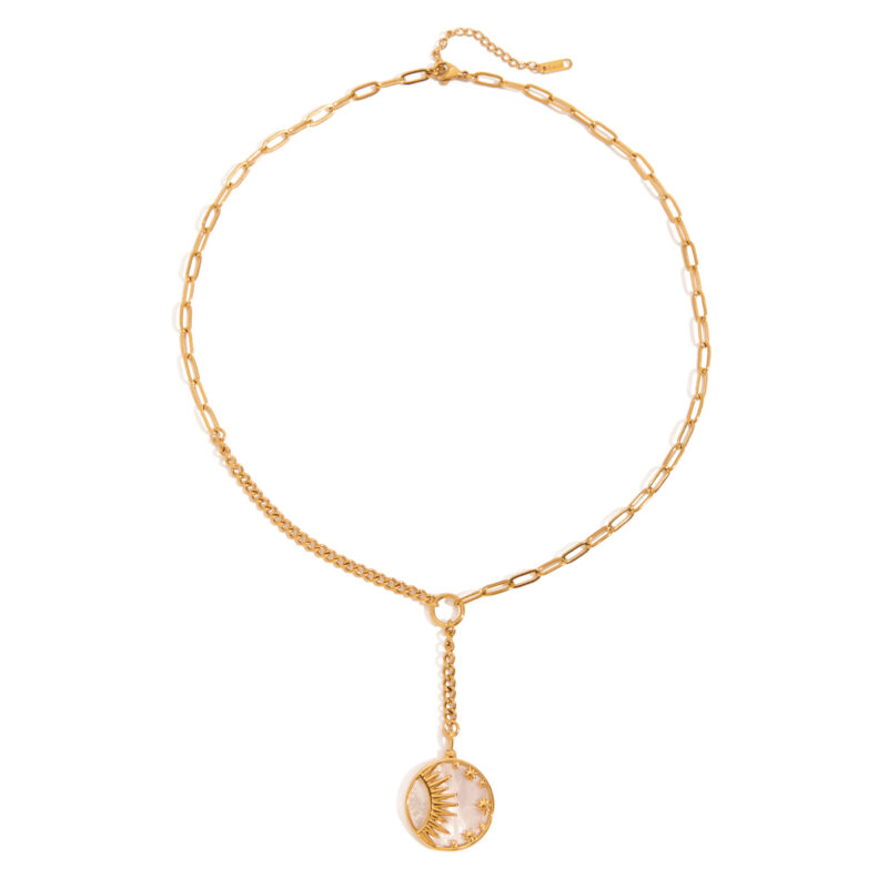 Classic 18K Gold Stainless Steel Shell Pendant Necklace - Round Sun Star Mother of Pearl Chain 51+5cm for Women