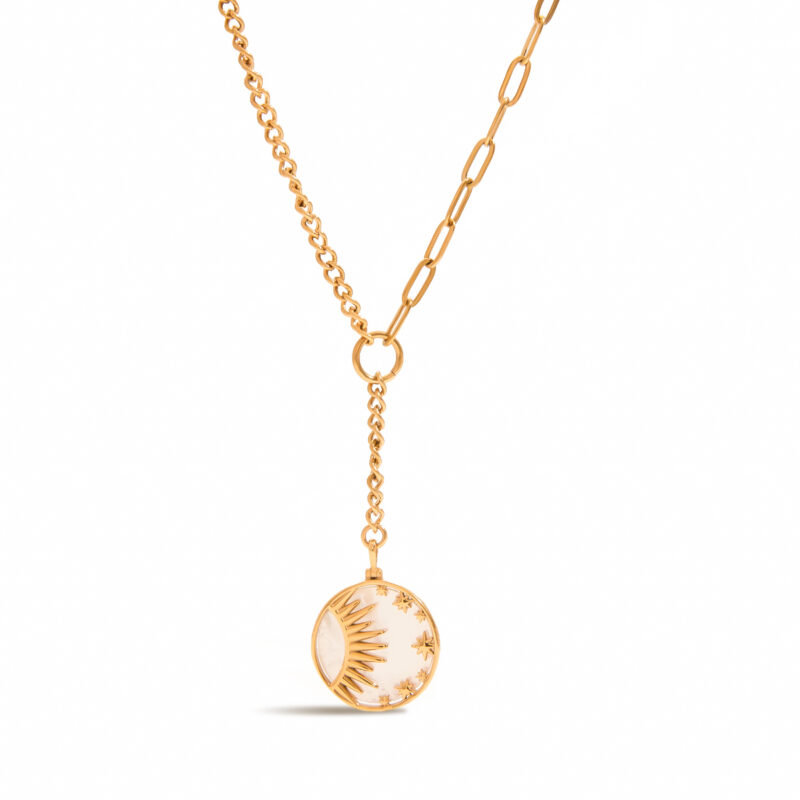 Classic 18K Gold Stainless Steel Shell Pendant Necklace - Round Sun Star Mother of Pearl Chain 51+5cm for Women - Image 2