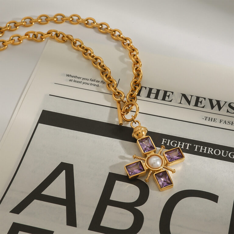 Vintage Women's 18K Gold Stainless Steel Purple Zircon Cross Pendant OT Necklace 48cm - Image 3