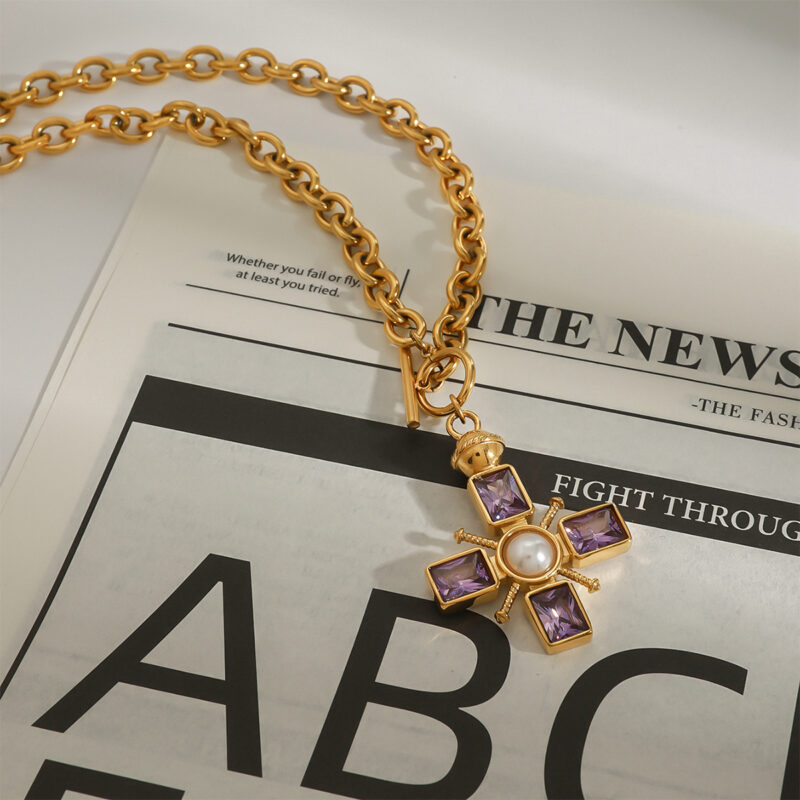 Vintage Women's 18K Gold Stainless Steel Purple Zircon Cross Pendant OT Necklace 48cm - Image 3