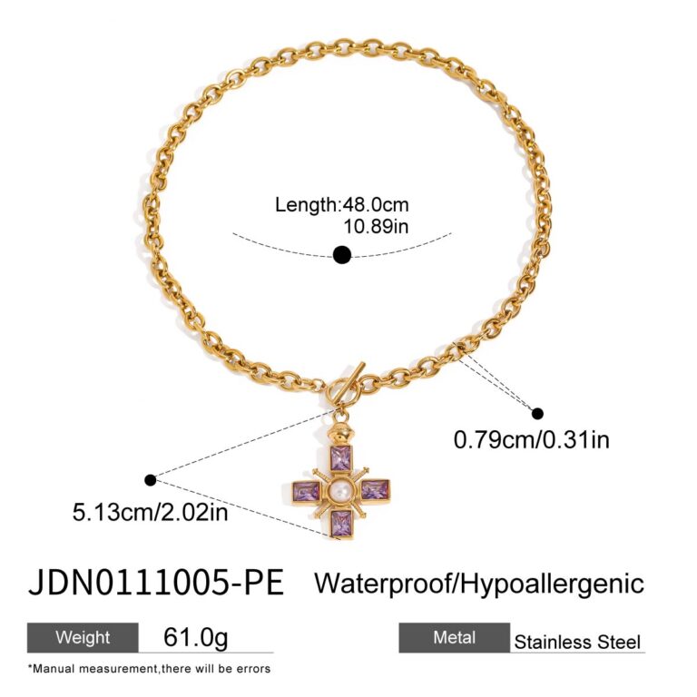 Vintage Women's 18K Gold Stainless Steel Purple Zircon Cross Pendant OT Necklace 48cm - Image 7