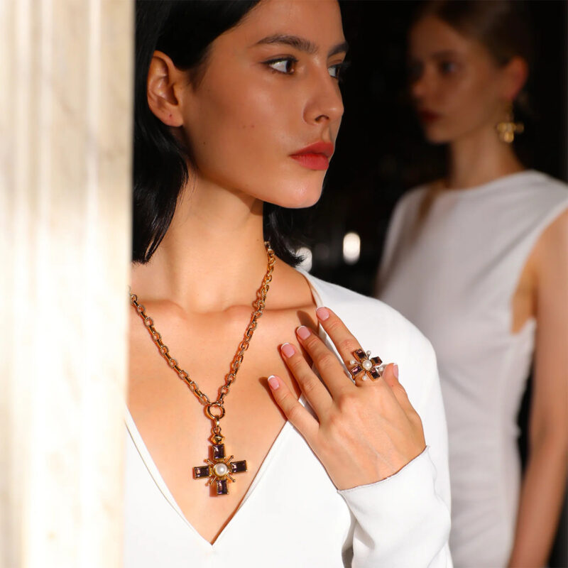 Vintage Women's 18K Gold Stainless Steel Purple Zircon Cross Pendant OT Necklace 48cm - Image 4