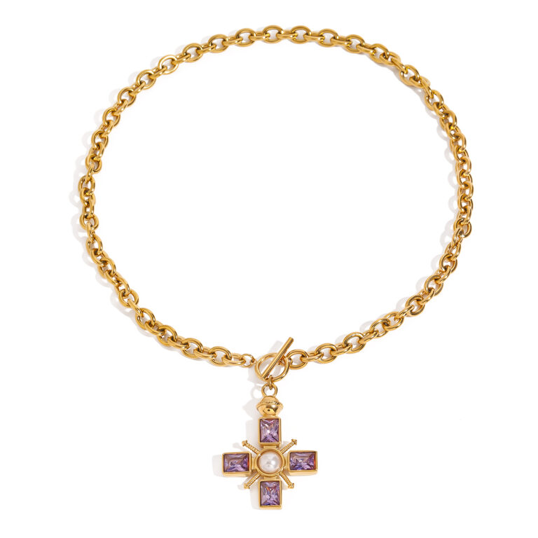 Vintage Women's 18K Gold Stainless Steel Purple Zircon Cross Pendant OT Necklace 48cm