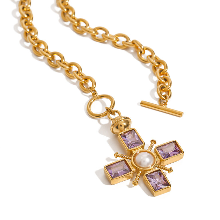 Vintage Women's 18K Gold Stainless Steel Purple Zircon Cross Pendant OT Necklace 48cm - Image 2