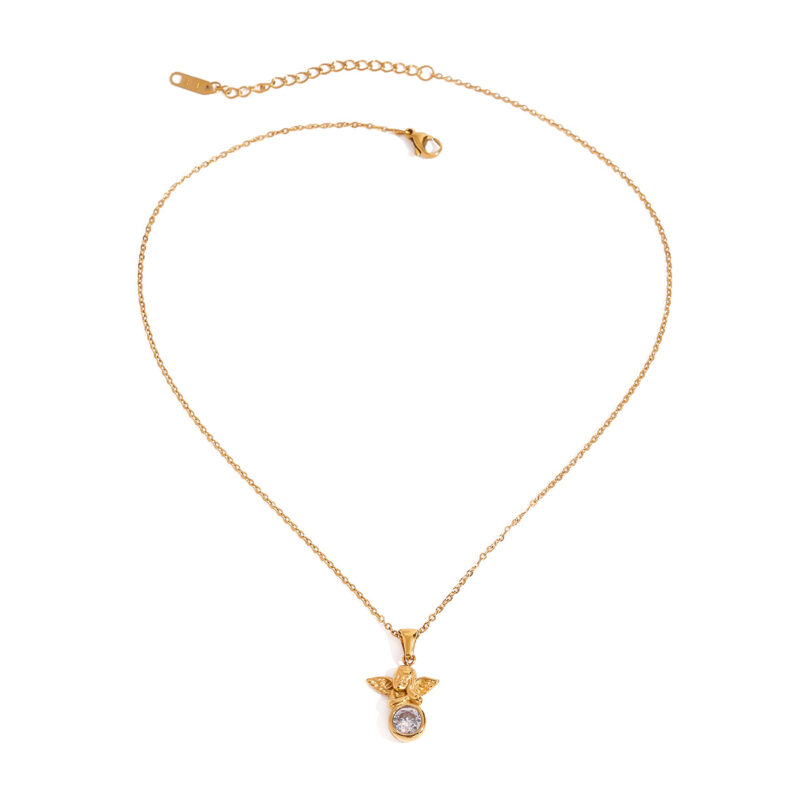 Youthway 18K Gold Plated Stainless Steel White Rhinestone Angel Pendant Necklace Waterproof Trendy Statement Jewelry New 2024