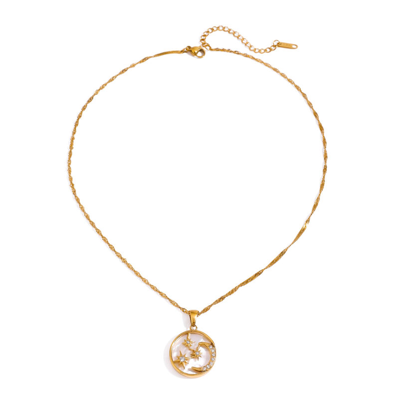 Youthway New Design 18K Gold Plated Stainless Steel Shell Star Moon White Zircon Circle Pendant Necklace Trendy Women Jewelry