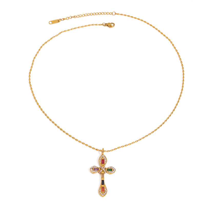 Youthway Vintage Luxury Gold Plated Stainless Steel Geometric Colorful Zircon Cross Pendant Necklace Set Women Jewelry Gift 2025