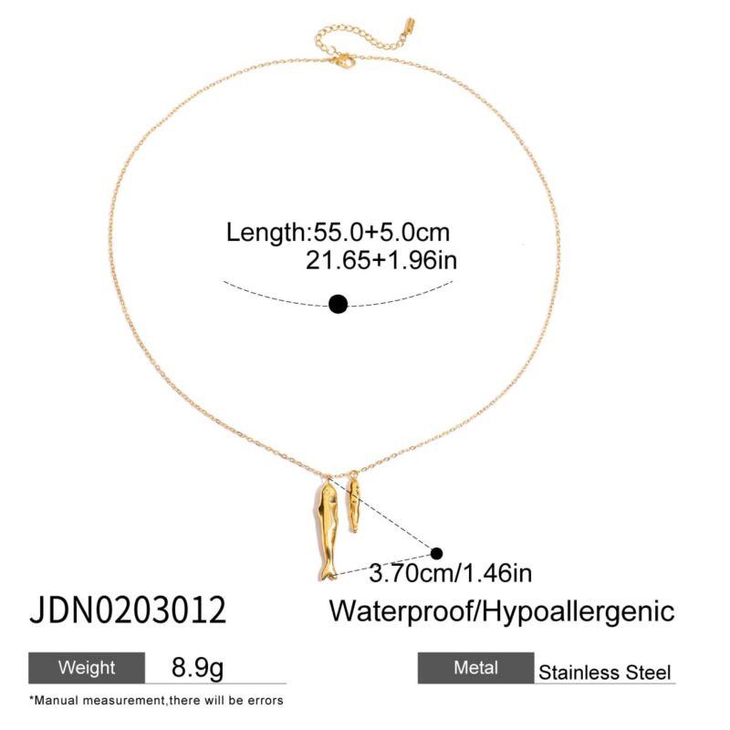 18K Gold Stainless Steel Double Fish Pendant Necklace - 55+5cm Adjustable Beach Jewelry for Women - Image 6