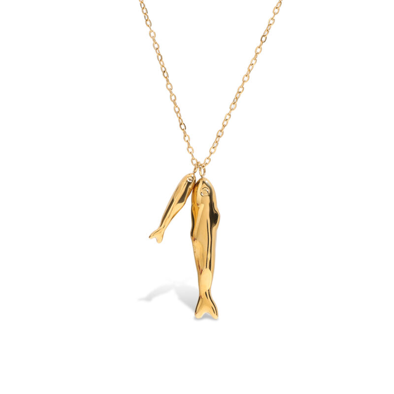18K Gold Stainless Steel Double Fish Pendant Necklace - 55+5cm Adjustable Beach Jewelry for Women - Image 2