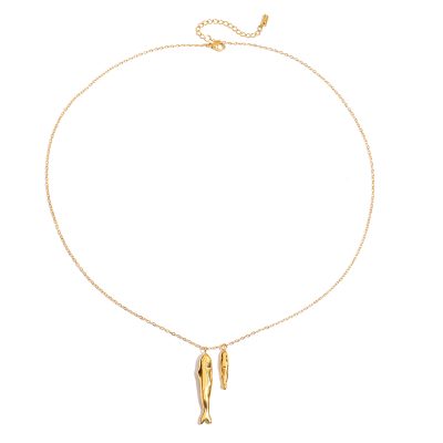 18K Gold Stainless Steel Double Fish Pendant Necklace - 55+5cm Adjustable Beach Jewelry for Women