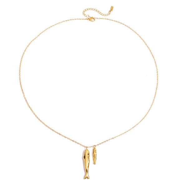 18K Gold Stainless Steel Double Fish Pendant Necklace - 55+5cm Adjustable Beach Jewelry for Women
