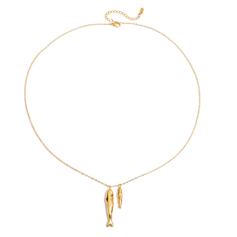 18K Gold Stainless Steel Double Fish Pendant Necklace - 55+5cm Adjustable Beach Jewelry for Women