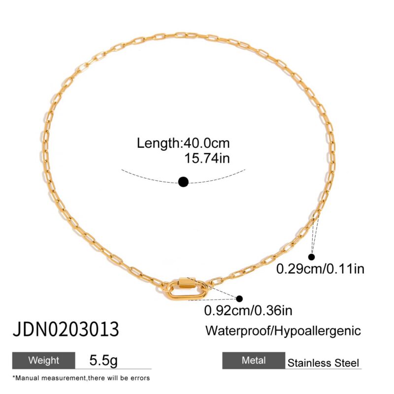 J&D 18k Gold Plate Stainless Steel Chain Classic Simple Paper Clip Oval Buckle Lock Function Necklace - Image 6
