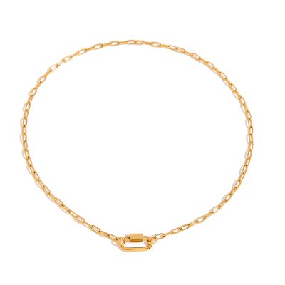 J&D 18k Gold Plate Stainless Steel Chain Classic Simple Paper Clip Oval Buckle Lock Function Necklace