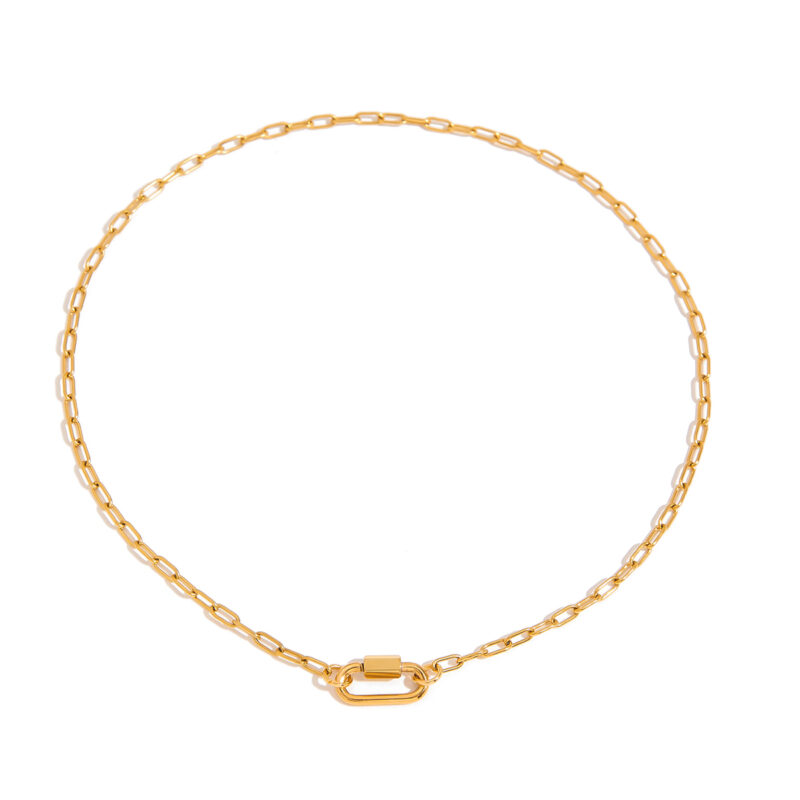 J&D 18k Gold Plate Stainless Steel Chain Classic Simple Paper Clip Oval Buckle Lock Function Necklace