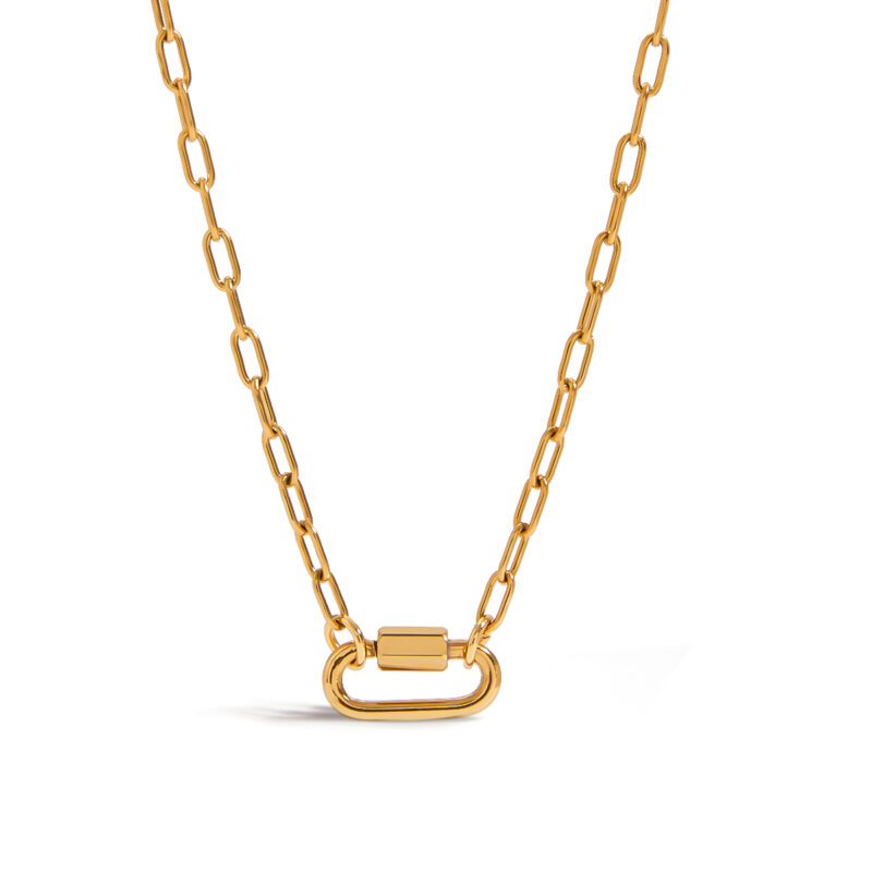 J&D 18k Gold Plate Stainless Steel Chain Classic Simple Paper Clip Oval Buckle Lock Function Necklace - Image 2