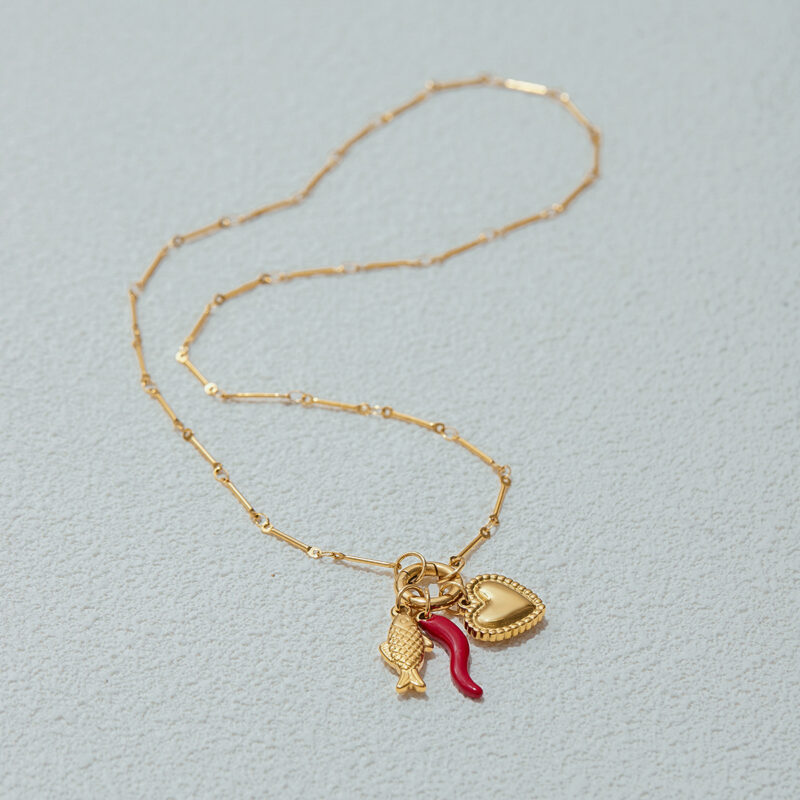 Women's Vacation Style 18K Gold Stainless Steel + Enamel Red Chili/Fish/Threaded Heart Pendant Lobster Clasp Necklace - Image 4