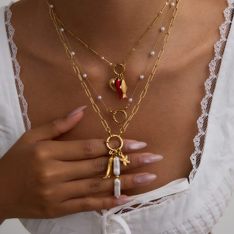 Women's Vacation 18K Gold Stainless Steel  Acrylic Pearl Star & Boot Charm Paperclip Chain Necklace 50CM - Image 4