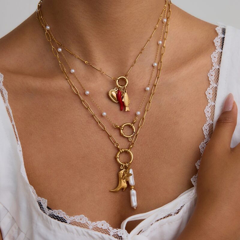 Women's Vacation Style 18K Gold Stainless Steel + Enamel Red Chili/Fish/Threaded Heart Pendant Lobster Clasp Necklace - Image 5