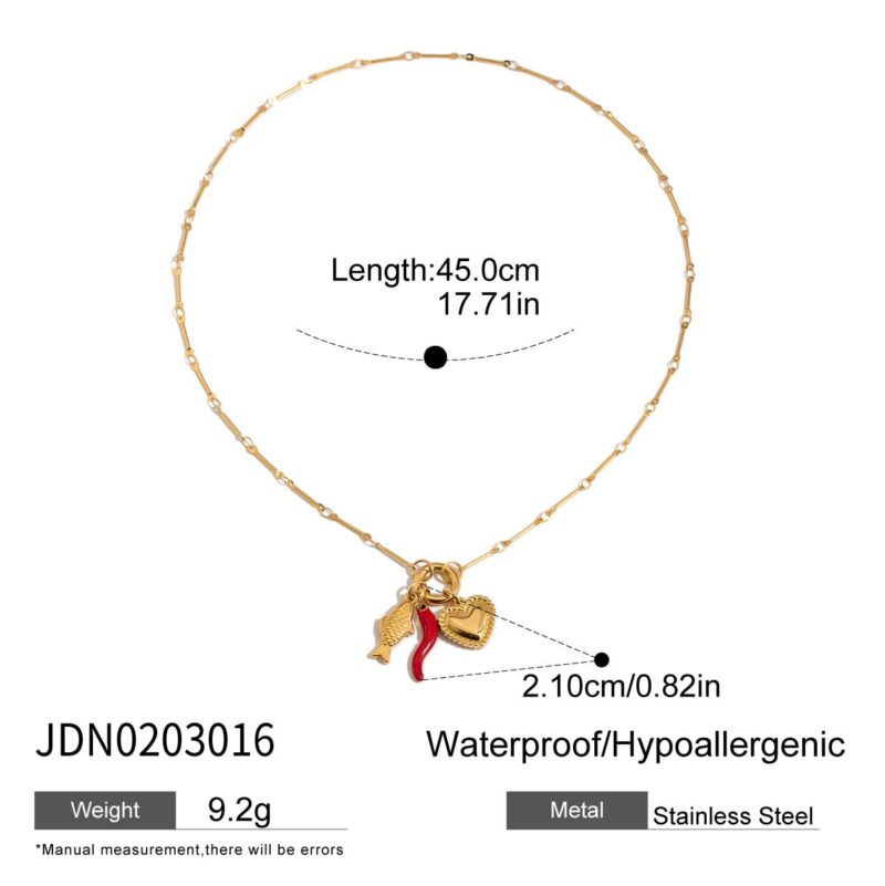 Women's Vacation Style 18K Gold Stainless Steel + Enamel Red Chili/Fish/Threaded Heart Pendant Lobster Clasp Necklace - Image 6