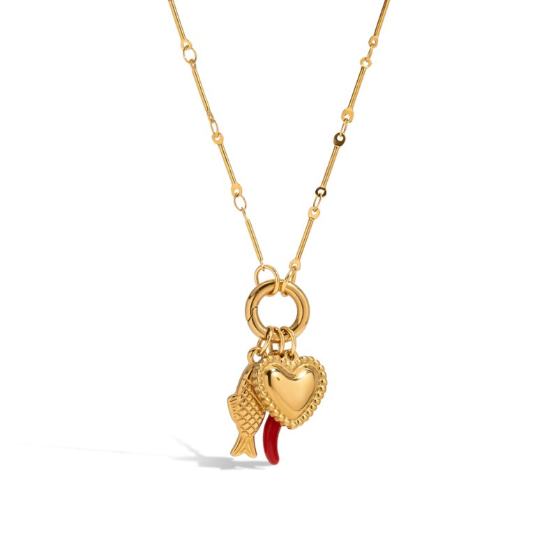 Women's Vacation Style 18K Gold Stainless Steel + Enamel Red Chili/Fish/Threaded Heart Pendant Lobster Clasp Necklace - Image 2