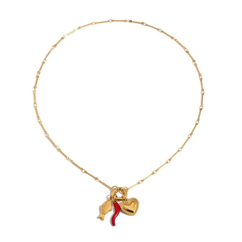 Women's Vacation Style 18K Gold Stainless Steel + Enamel Red Chili/Fish/Threaded Heart Pendant Lobster Clasp Necklace