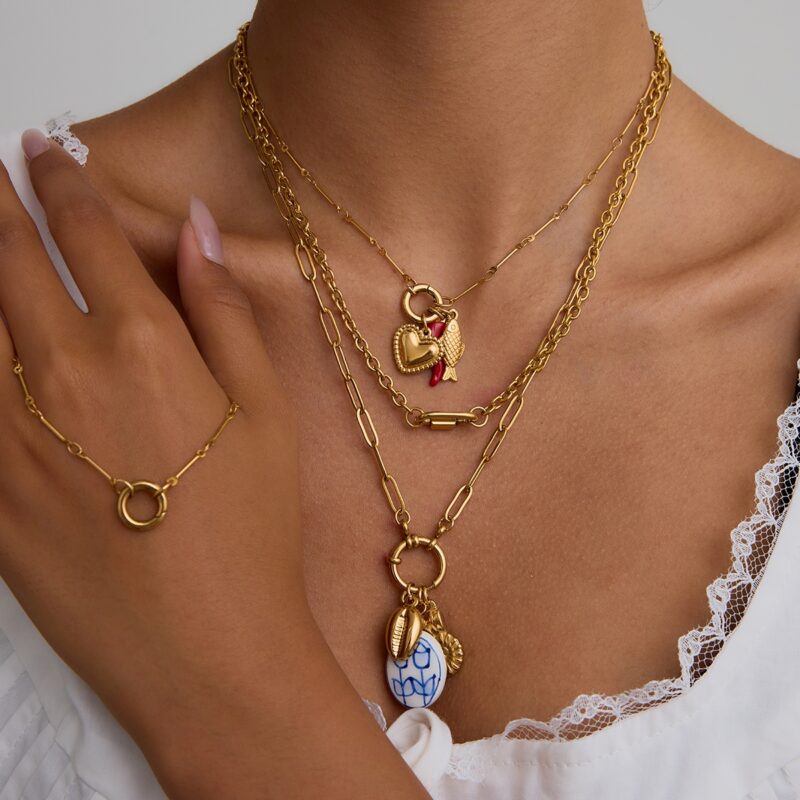 Women's Vacation Style 18K Gold Stainless Steel + Enamel Red Chili/Fish/Threaded Heart Pendant Lobster Clasp Necklace - Image 3