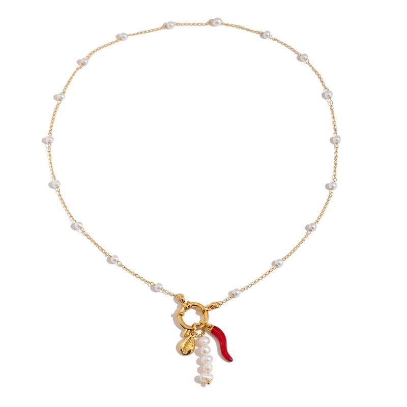 Women's Vacation Style 18K Gold Stainless Steel + Acrylic Pearl + Freshwater Pearl + Enamel Red Chili & Shell Pendant Beaded Chain Lobster Clasp Necklace 45CM