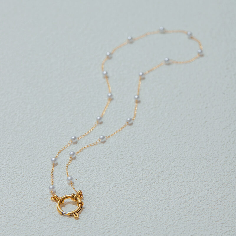 Women's Classic 18K Gold Stainless Steel + Acrylic Pearl Beaded Chain Lobster Clasp Necklace 45CM - Image 3
