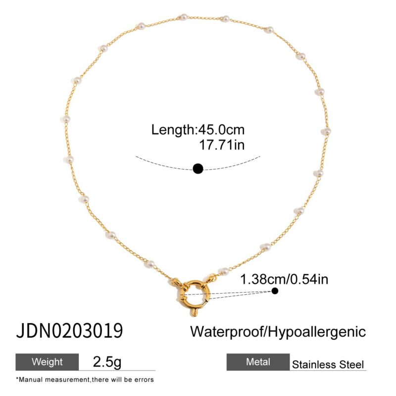 Women's Classic 18K Gold Stainless Steel + Acrylic Pearl Beaded Chain Lobster Clasp Necklace 45CM - Image 5