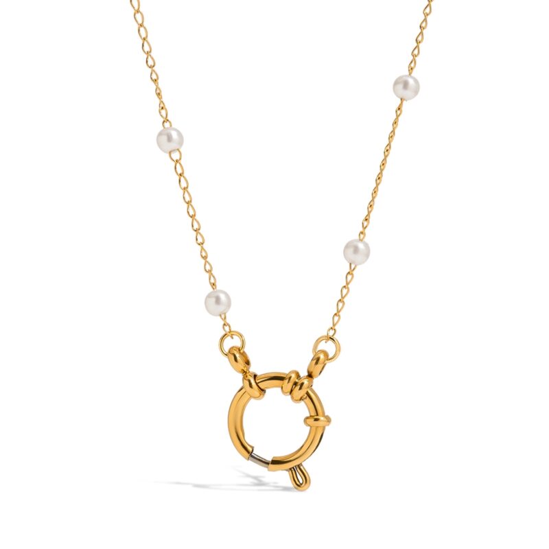 Women's Classic 18K Gold Stainless Steel + Acrylic Pearl Beaded Chain Lobster Clasp Necklace 45CM - Image 2