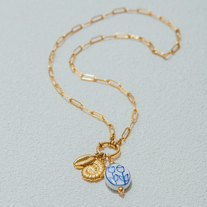 Women's Vacation Style 18K Gold Stainless Steel + Ceramic Shell & Conch Pendant Paperclip Chain Lobster Clasp Necklace 50CM - Image 3