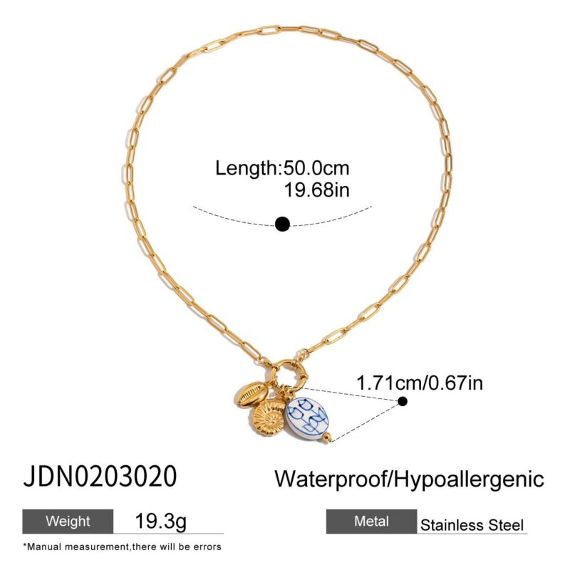 Women's Vacation Style 18K Gold Stainless Steel + Ceramic Shell & Conch Pendant Paperclip Chain Lobster Clasp Necklace 50CM - Image 6