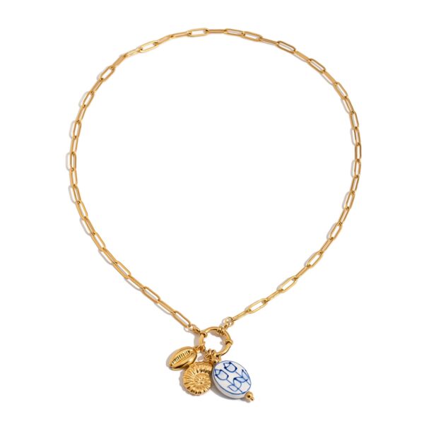 Women's Vacation Style 18K Gold Stainless Steel + Ceramic Shell & Conch Pendant Paperclip Chain Lobster Clasp Necklace 50CM