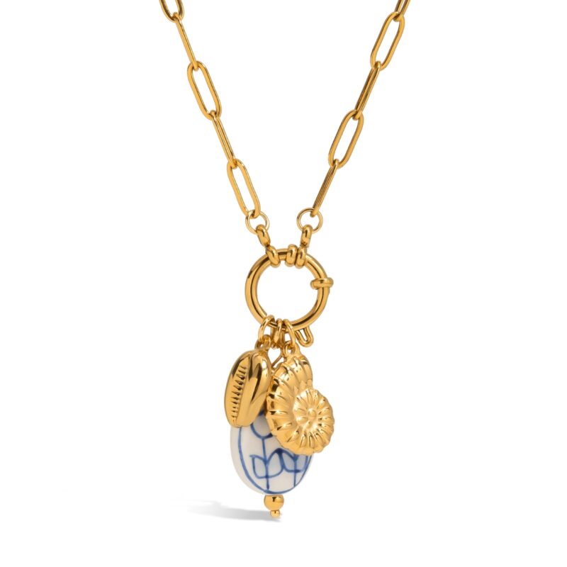 Women's Vacation Style 18K Gold Stainless Steel + Ceramic Shell & Conch Pendant Paperclip Chain Lobster Clasp Necklace 50CM - Image 2