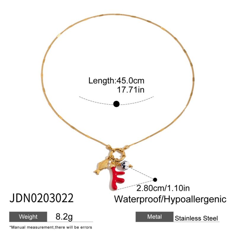 Women's Vacation 18K Gold Stainless Steel + Enamel & Ceramic Red Coral & Fish Pendant Lobster Clasp Necklace 45CM - Image 6