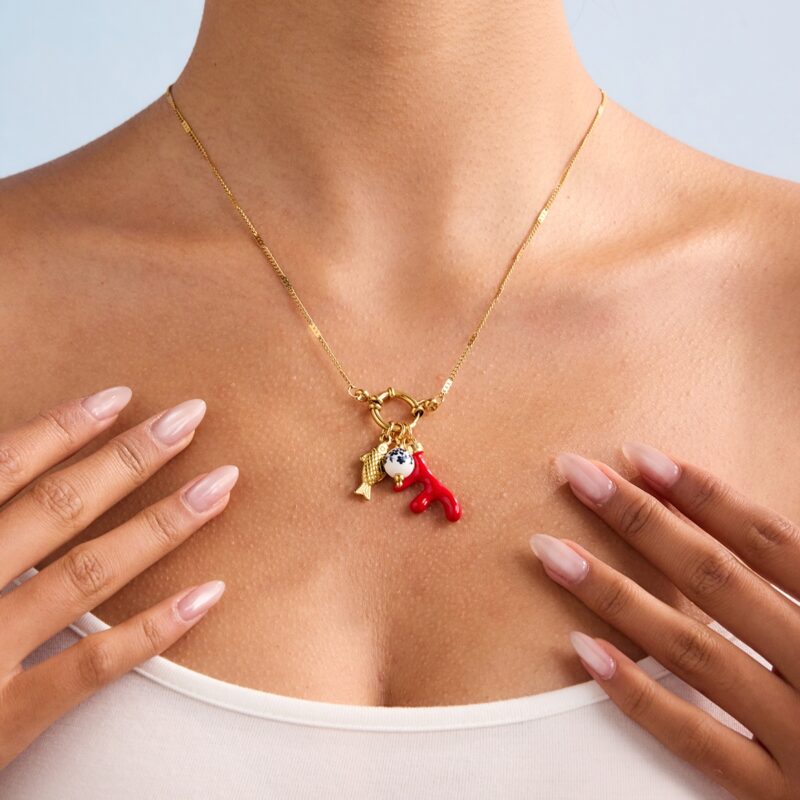 Women's Vacation 18K Gold Stainless Steel + Enamel & Ceramic Red Coral & Fish Pendant Lobster Clasp Necklace 45CM - Image 5