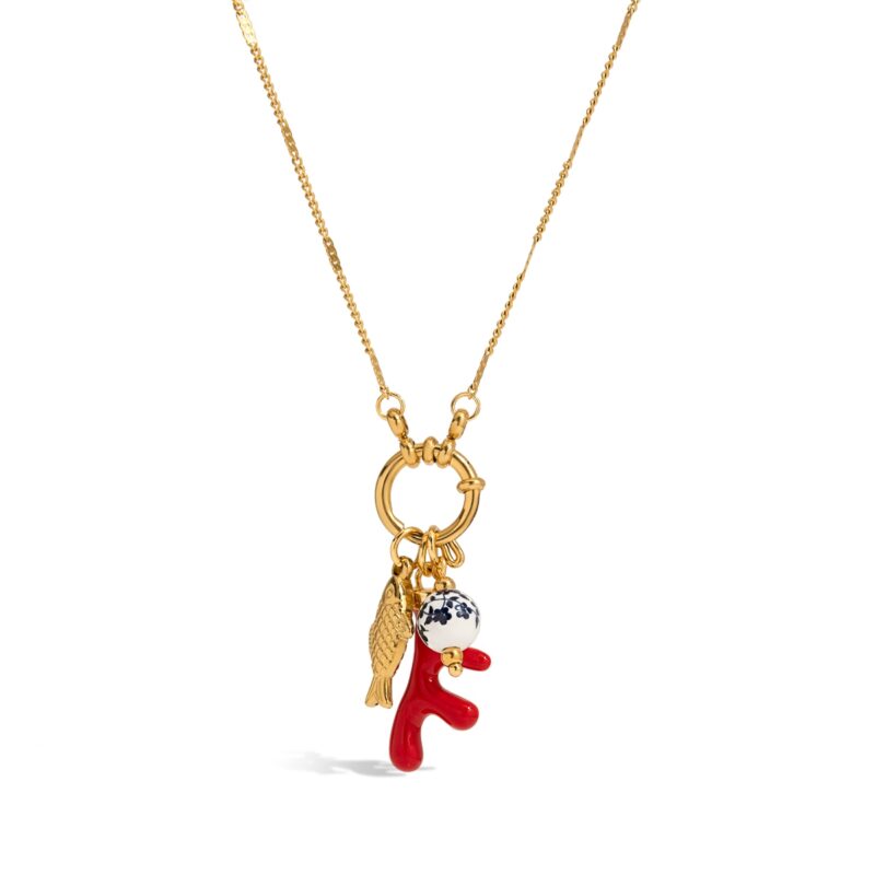 Women's Vacation 18K Gold Stainless Steel + Enamel & Ceramic Red Coral & Fish Pendant Lobster Clasp Necklace 45CM - Image 2